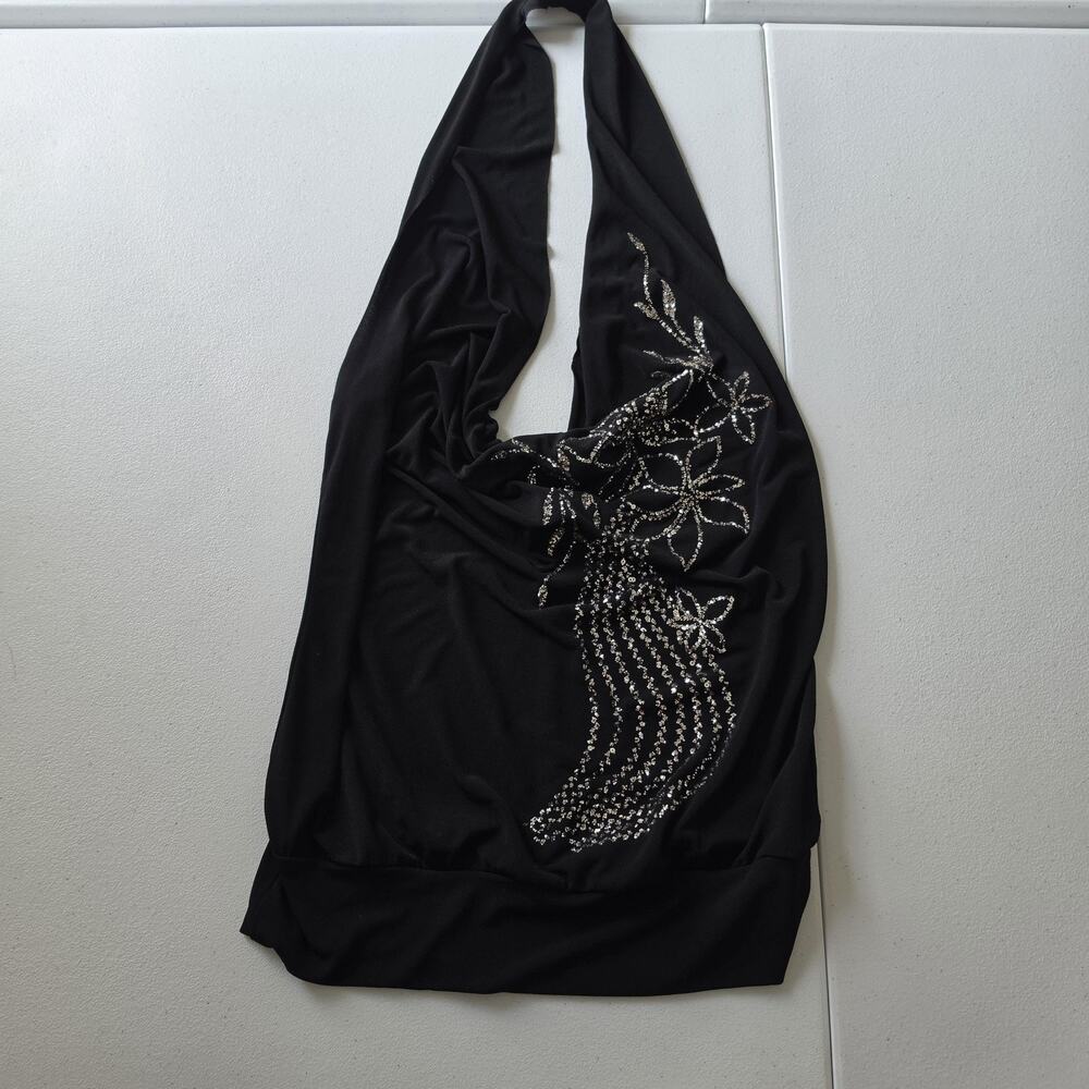 Y2K Wet Seal Tank Top Jrs Medium Black Rhinestone Halter Floral Party Club